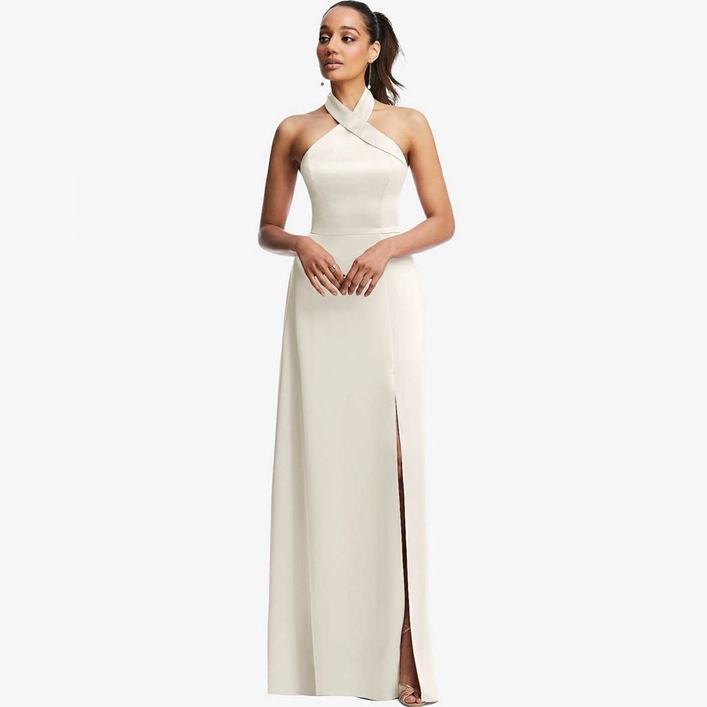 Dessy Collection 3123 SHAWL COLLAR OPEN-BACK HALTER MAXI DRESS WITH POCKETS